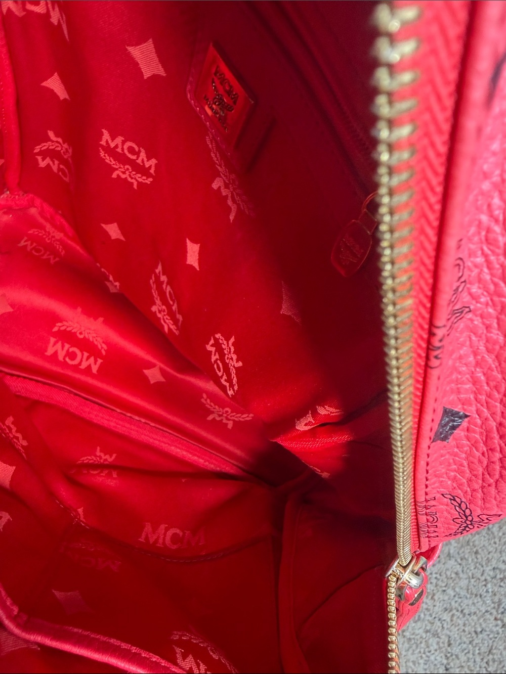 MCM Bright Red Leather Tote with Gold Hardware